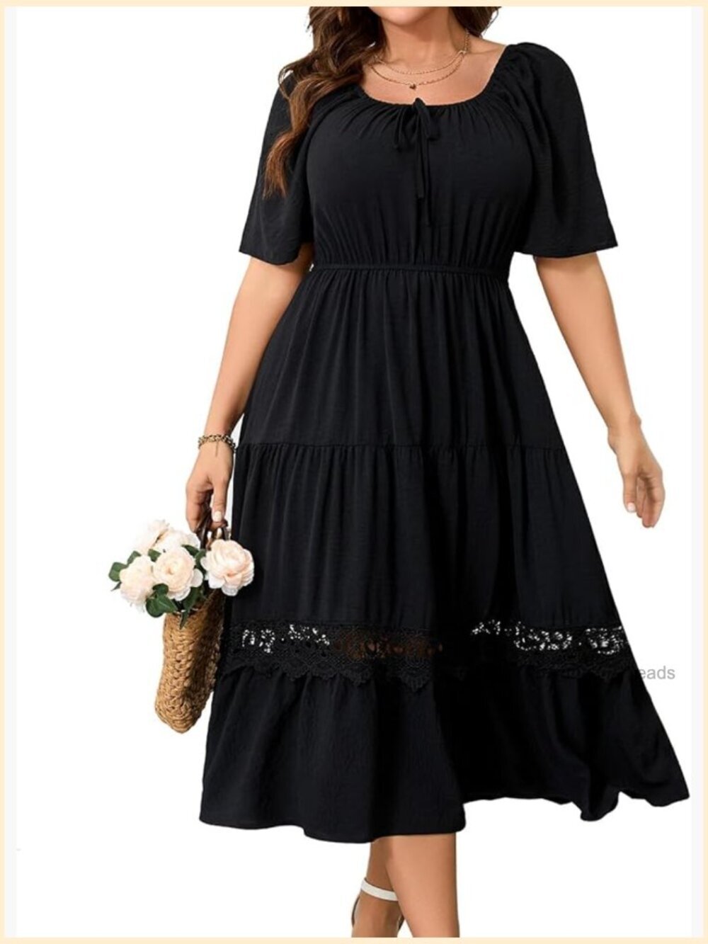 Women's Plus Size Maxi Dress Short Sleeve Square Neck Flowy A-Line Lace Trim